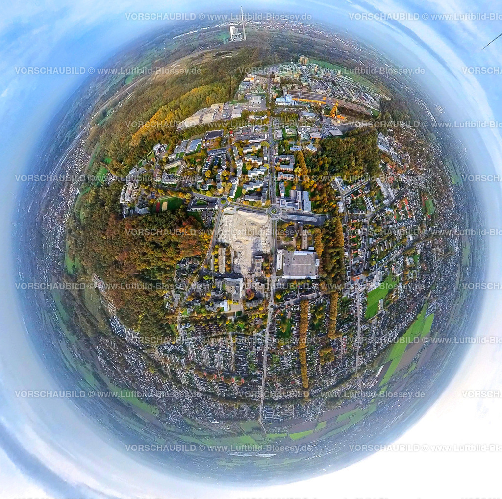 Bergkamen20221019_03_City | Luftbild, City Innenstadtansicht, Baustelle Abrissgelände der ehemaligen Turmarkaden für geplantes Berg Karree, Fisheye Aufnahme, Fischaugen Aufnahme, 360 Grad Aufnahme, Weddinghofen, Bergkamen, Ruhrgebiet, Nordrhein-Westfalen, Deutschland