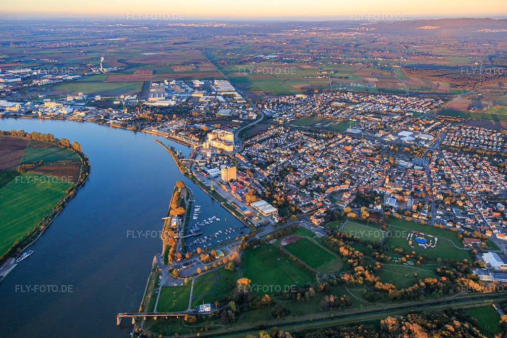 Luftbild: Gernsheimer Rheinhafen und Hammer Rheinbogen von Süden in Gernsheim im Bundesland Hessen in Deutschland. Foto: IMG_075110.jpg vom 18.10.2014 durch Werner Riehm/FLY-FOTO.de