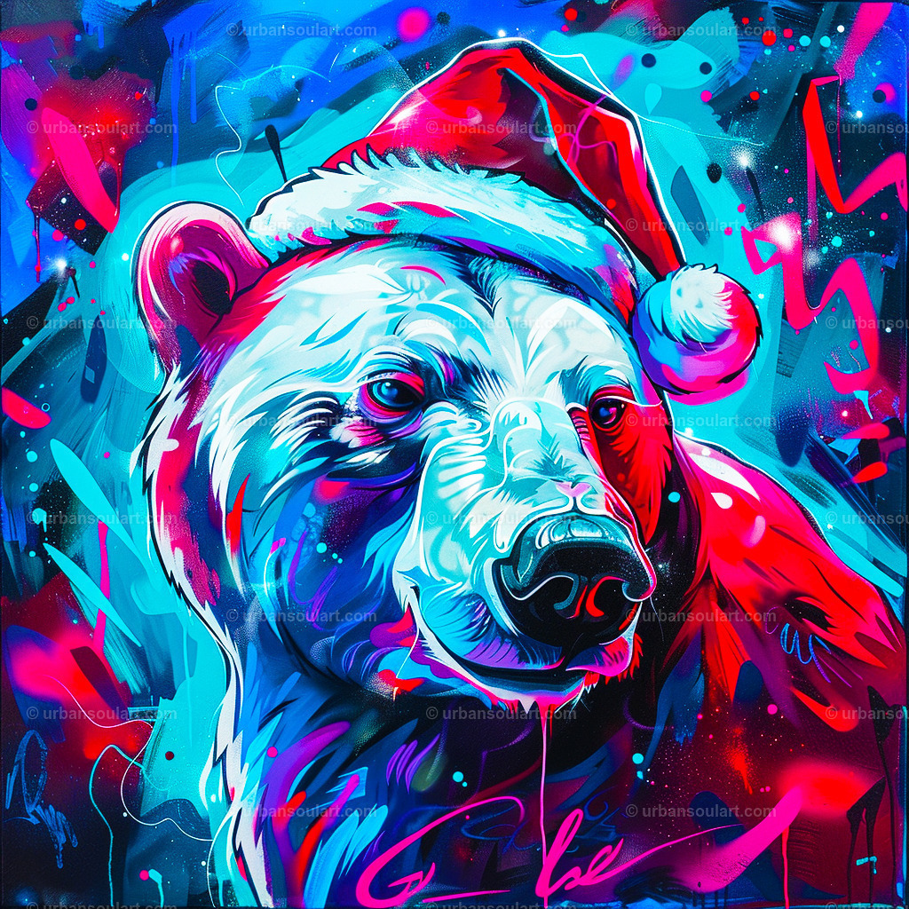 Icebear With Santa Hat | This striking canvas features a detailed polar bear wearing a Santa hat against a cool-toned, festive background. A unique addition for holiday decor or winter themes. - Realisiert mit Pictrs.com
