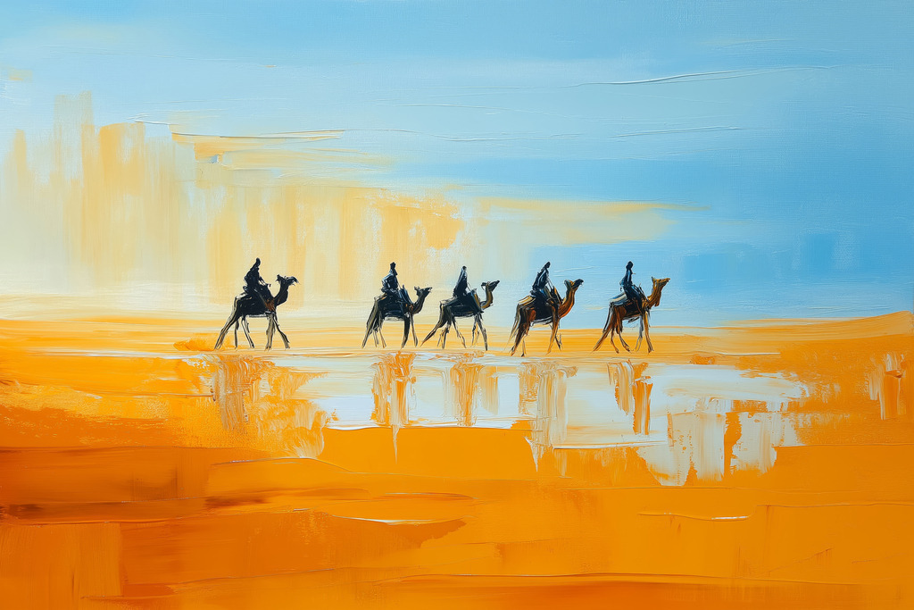 2504014 - Spuren im Sand | Karawane in weiter Wüste – meditatives Sandgemälde mit Kamelmotiv. Ideal für ruhige Räume und Interieurs im Naturstil.