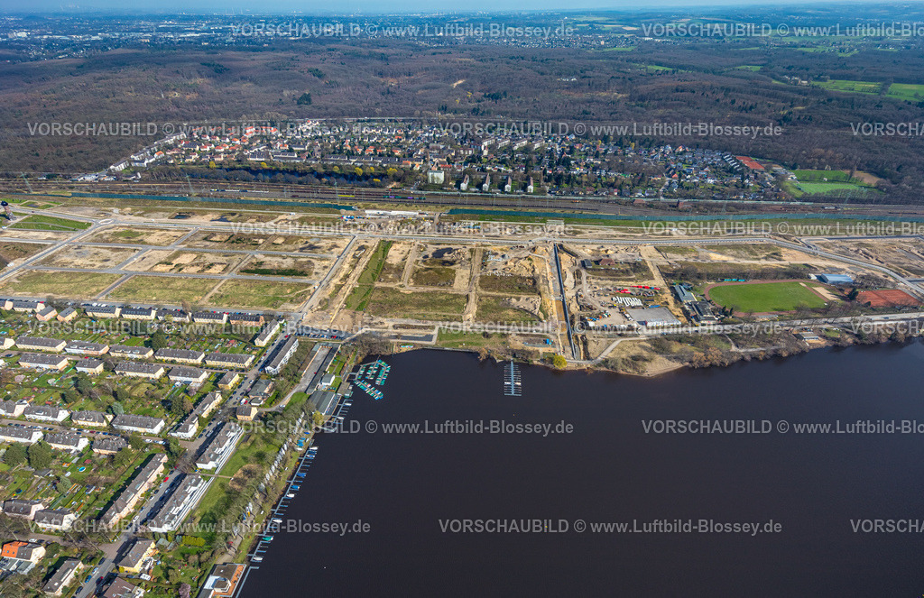 Duisburg240302936 | Luftbild, Baustelle für geplantes Duisburger Wohnquartier am ehemaligen Rangierbahnhof Wedau, an der Sechs-Seen-Platte, denkmalgeschützte Siedlung Bissingheim, Waldgebiet, Wedau, Duisburg, Ruhrgebiet, Nordrhein-Westfalen, Deutschland, Duisburg-S