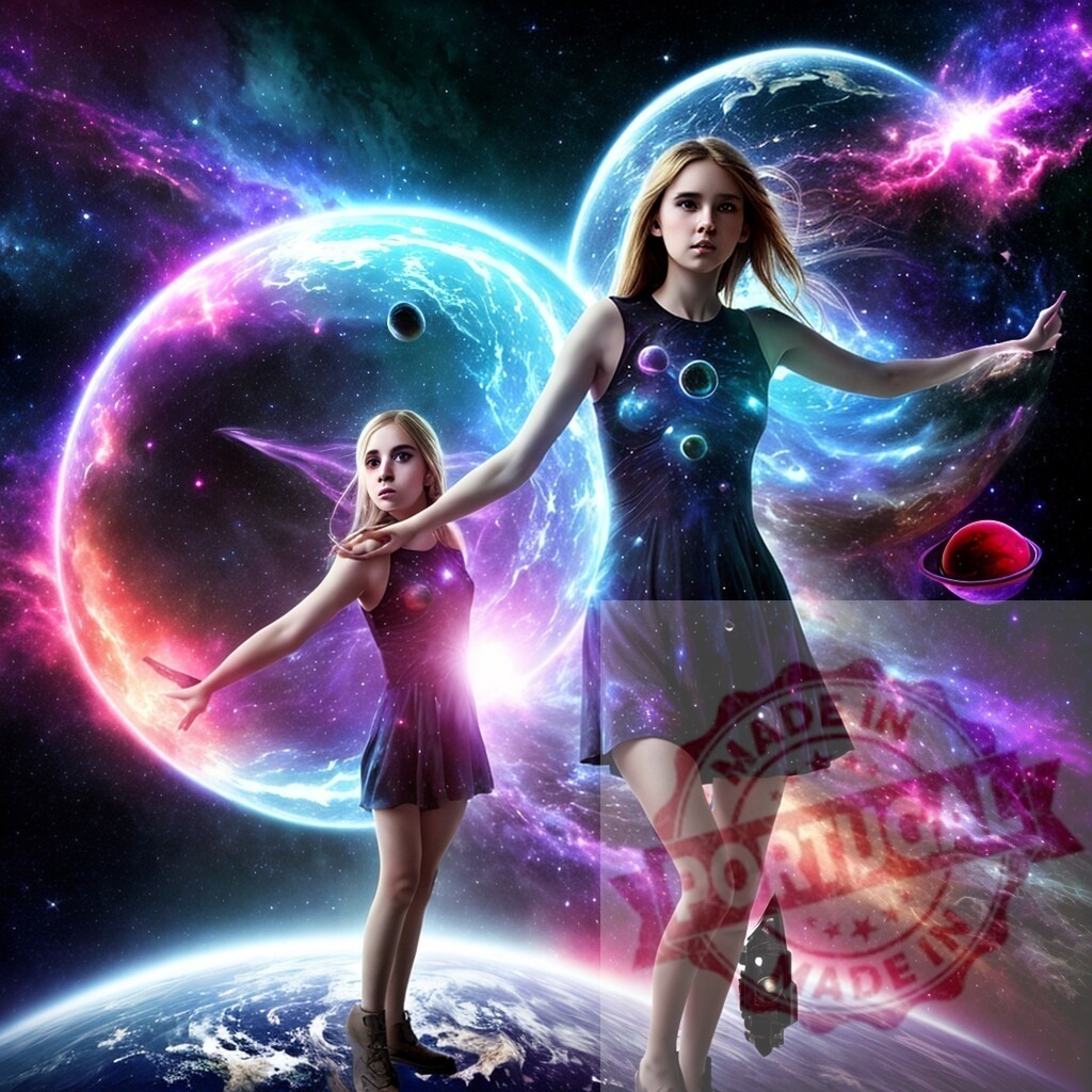 Women exploring cosmic galaxy with planets and nebula | Women standing in space with glowing planets and colorful nebula, representing exploring the universe - Realisiert mit Pictrs.com