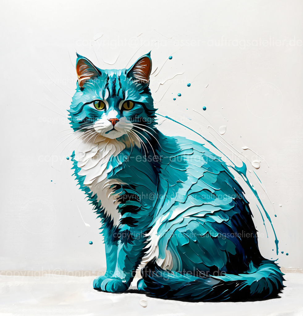 118 Katze Impasto D Shop | Eine türkise sibirische Katze im Impasto Mal Stil vor weißem Hintergrund. Dekorative dicke Farbschichten und Kleckse aus mehreren Schichten dicker Farbe.