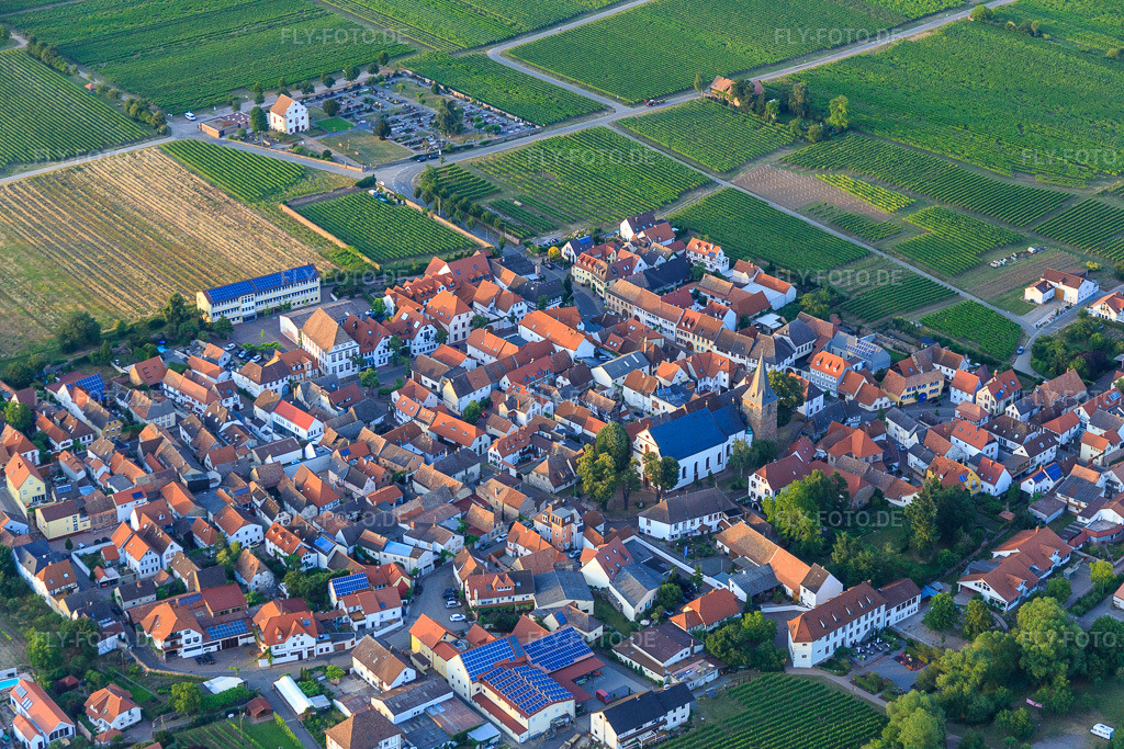 Luftbild: Kathol. Kirche Kreuzerhöhung in Kirrweiler im Bundesland Rheinland-Pfalz in Deutschland. Foto: IMG_082778.jpg vom 25.06.2015 durch Werner Riehm/FLY-FOTO.deKirrweiler | Pfarrei Maikammer