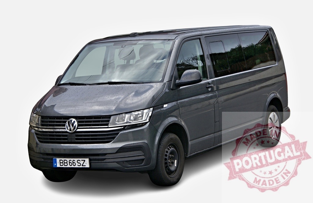 Volkswagen T6.1 Caravelle parked, representing modern passenger transportation | Dark gray Volkswagen T6.1 Caravelle minivan parked on white background, embodying efficient and comfortable passenger travel - Realized with Pictrs.com