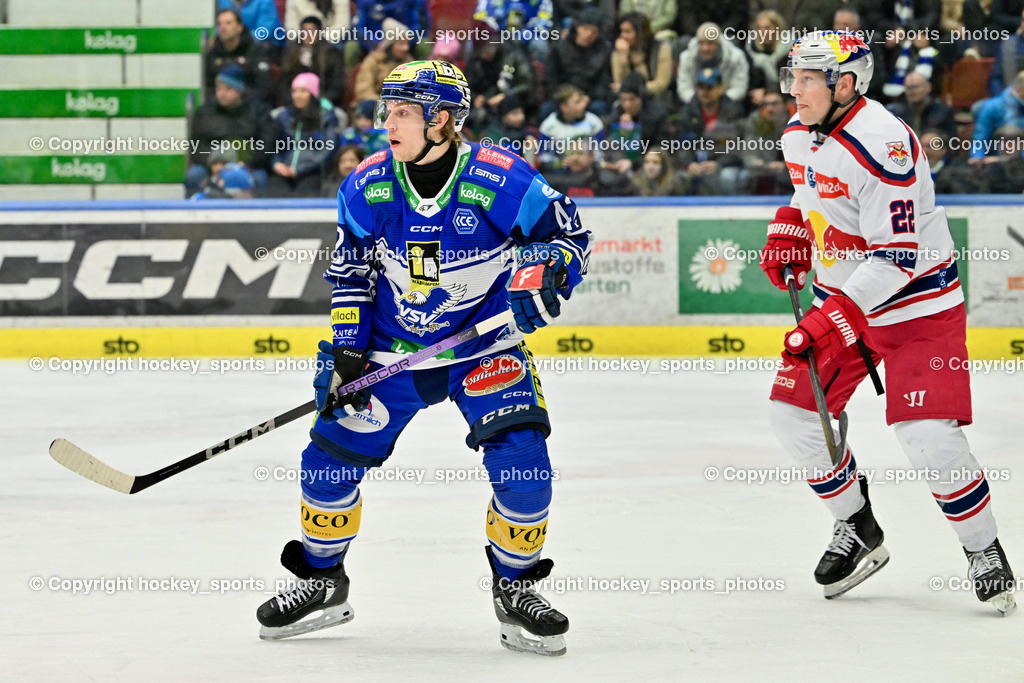 EC IDM WÄRMEPUMPEN VSV vs. EC Red Bull Salzburg | #42 LANZINGER Benjamin EC VSV, #22 Robertson Dennis Eamon EC Redbull Salzburg, EC IDM WÄRMEPUMPEN VSV vs. EC Red Bull Salzburg, EC IDM WÄRMEPUMPEN VSV vs. EC Red Bull Salzburg am 17.01.2025 in Villach (Stadthalle Villach), Austria, (Photo by Bernd Stefan)