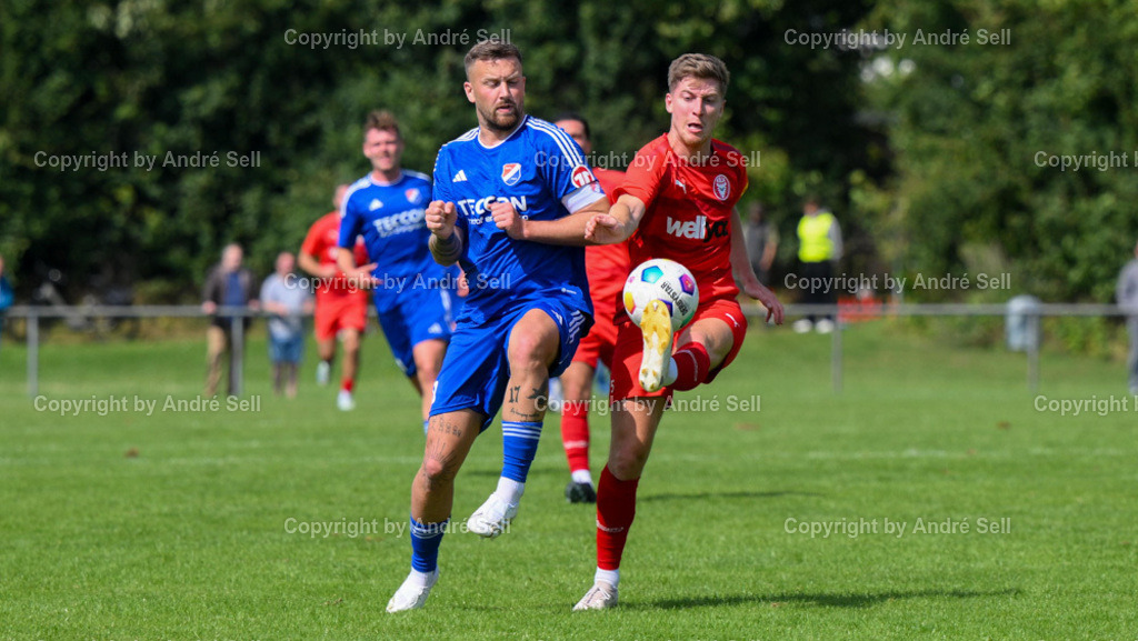 SpVg Eidertal Molfsee vs FC Kilia Kiel | Tom Wüllner (Molfsee #10) / Tom Warncke (Kilia #5) - Fußball-Oberliga Männer 2024/2025 / SpVg Eidertal Molfsee vs FC Kilia Kiel / Platz A / Molfsee / 25.08.24 - Realisiert mit Pictrs.com