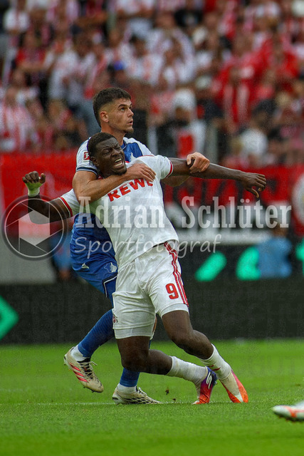 29.08.2026, GER, Fussball, Herren, Bundesliga , 1. Bundesliga, Saison 2026/2027, 1. FC Köln - TSG 1899 Hoffenheim | Albian Hajdari (TSG) und Ragnar Ache (KOE) im Kampf um den Ball