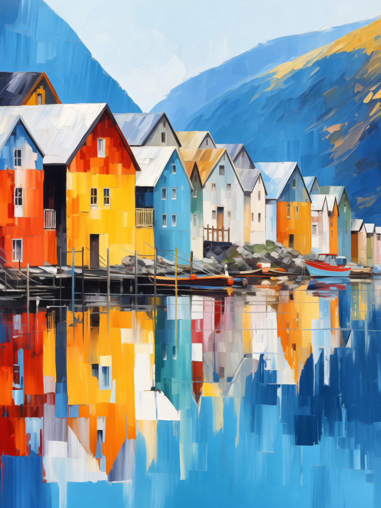 2512003 - Norwegischer Fjord | Malerische Fjordlandschaft mit idyllischen bunten Häusern.