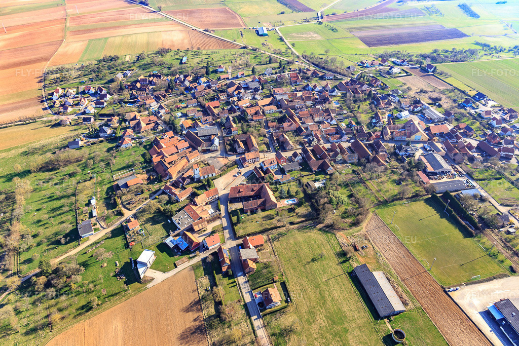 Vue aérienne: Vue de la ville depuis le nord à Ringendorf dans le département Bas Rhin, France – .Photo: IMG_097520.jpg prise le 16/03/2017 par Werner Riehm/FLY-FOTO.eu – Résolution de l'original: 5472 x 3648 px