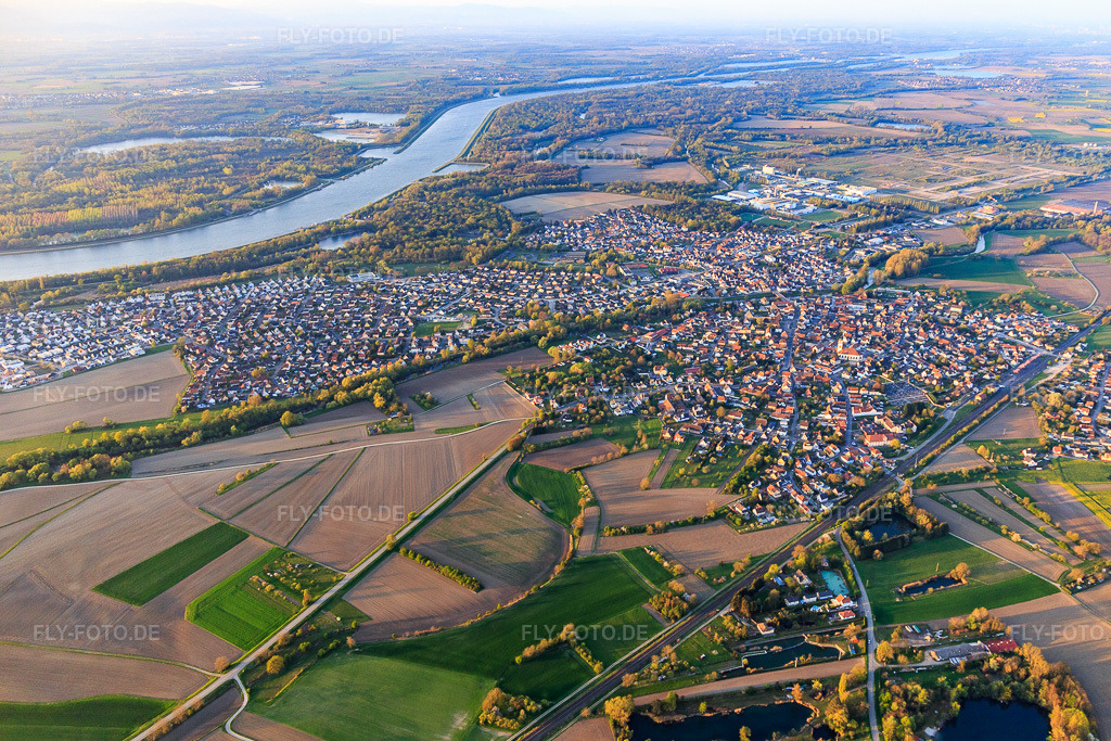 Luftbild: Ortsansicht von Norden in Drusenheim im Bundesland Bas-Rhin in Frankreich. – Foto: IMG_126532.jpg vom 25.04.2021 durch Werner Riehm/FLY-FOTO.de – Auflösung des Originals: 5052 x 3368 px