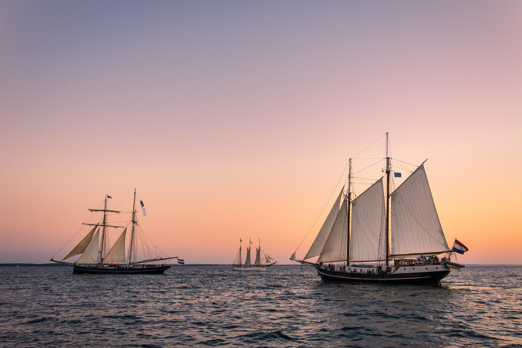 Segelschiffe im Sonnenuntergang auf der Hanse Sail in Rostock | Segelschiffe im Sonnenuntergang auf der Hanse Sail in Rostock.