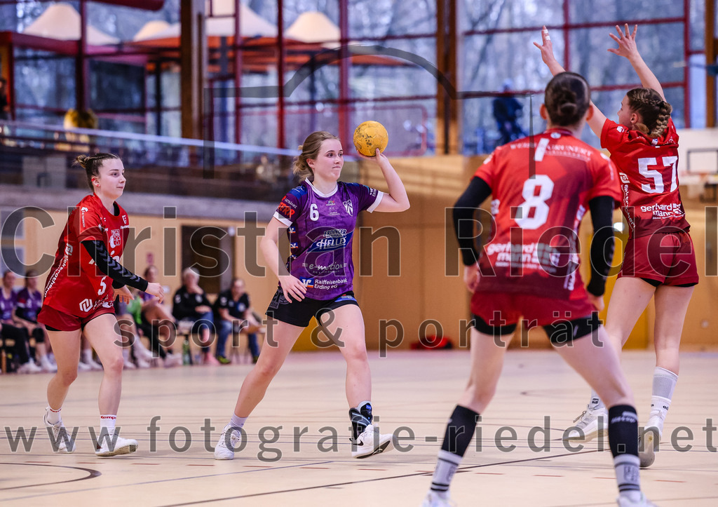 2025-02-22_069_SpVgg_Altenerding_gegen_TG_Landshut | Erding, Deutschland, 22.02.2025:Handball, Bezirksoberliga Frauen Altbayern 2024 / 2024, 15. Spieltag, SpVgg Altenerding gegen TG Landshut, Endergebnis: 25:22Julia Otto (TG Landshut, #5), Marlene Mittermeier (SpVgg Altenerding, #6), Sandra Süß (TG Landshut, #8), Nadine Schlegel (TG Landshut, #57)Foto: Christian Riedel / fotografie-riedel.net