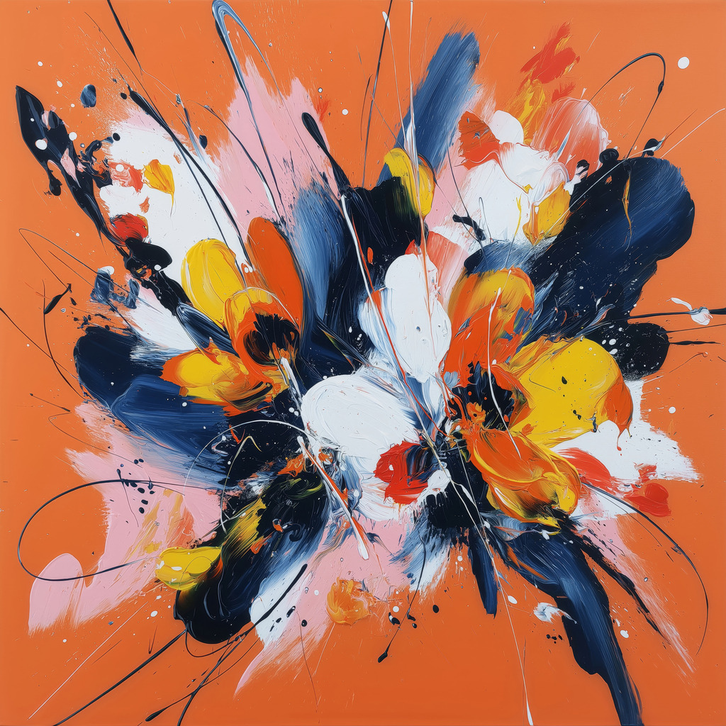 2507018 - Farbexplosion | Moderne Blumenkomposition mit dynamischem Farbauftrag. Die Formen wirken wie explodierende Blüten, gehalten in kräftigem Schwarz, Gelb und Weiß auf orangefarbenem Grund. Ein energiegeladenes Motiv mit dekorativem Charakter.
