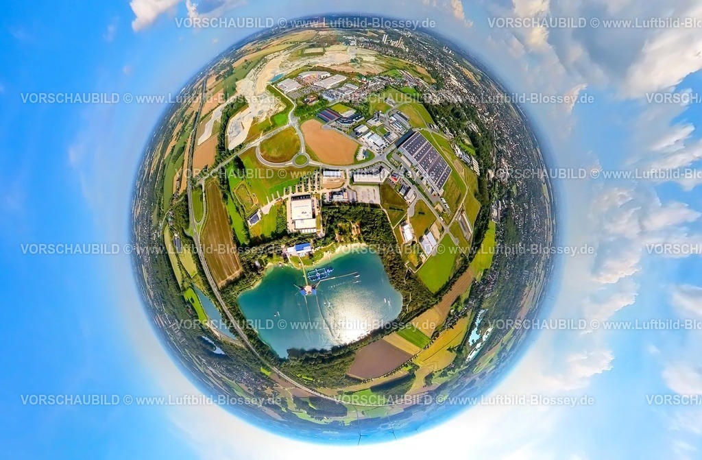 Beckum230891030 Gewerbepark Obere Brede Tuttenbrocksee-topaz | Luftbild, Tuttenbrocksee, TwinCable Beckum Wasserski-Anlage im See, Gewerbegebiet Obere Brede, Erdkugel, Fisheye Aufnahme, Fischaugen Aufnahme, 360 Grad Aufnahme, tiny world, Beckum,  Münsterland, Nordrhein-Westfalen, Deutschland