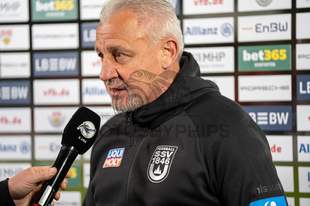 VfB Stuttgart II vs. SSV Ulm 1846 Fussball, Fussball, 3. Liga, 32. Spieltag, 08.04.2026 | Pavel Dotchev (Trainer SSV Ulm 1846 Fussball) im Interview nach Abpfiff,VfB Stuttgart II vs. SSV Ulm 1846 Fussball, Fussball, 3. Liga, 32. Spieltag, 08.04.2026DFB regulations prohibit any use of photographs as image sequences and/or quasi-video