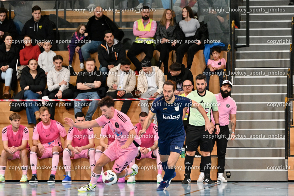 Carinthia Flamengo Futsal Club vs. Futsal Klagenfurt | #17 Hasan Kupinic Carinthia Flamengo, #2 Nikola Jandric Futsal Klagenfurt, Faruk Celebi Referee, Headcoach Carinthia Flamengo Ugur Koc, Carinthia Flamengo Futsal Club vs. Futsal Klagenfurt, Carinthia Flamengo Futsal Club vs. Futsal Klagenfurt am 01.12.2024 in Klagenfurt (Ballspielhalle Viktring), Austria, (Photo by Bernd Stefan)