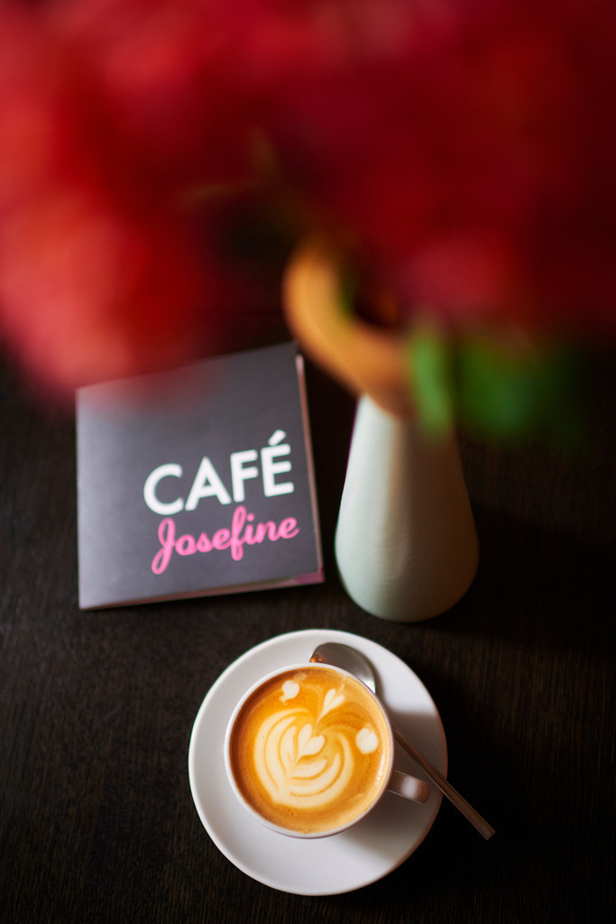 Cafe Josefine | WIen, Austria - February 13, 2018: Cafe Josefine; auf dem Tisch stehend eine Speisekarte, eine Tasse Felix Kaffe (Melange) und eine Vase mit Blumen. - Realisiert mit Pictrs.com
