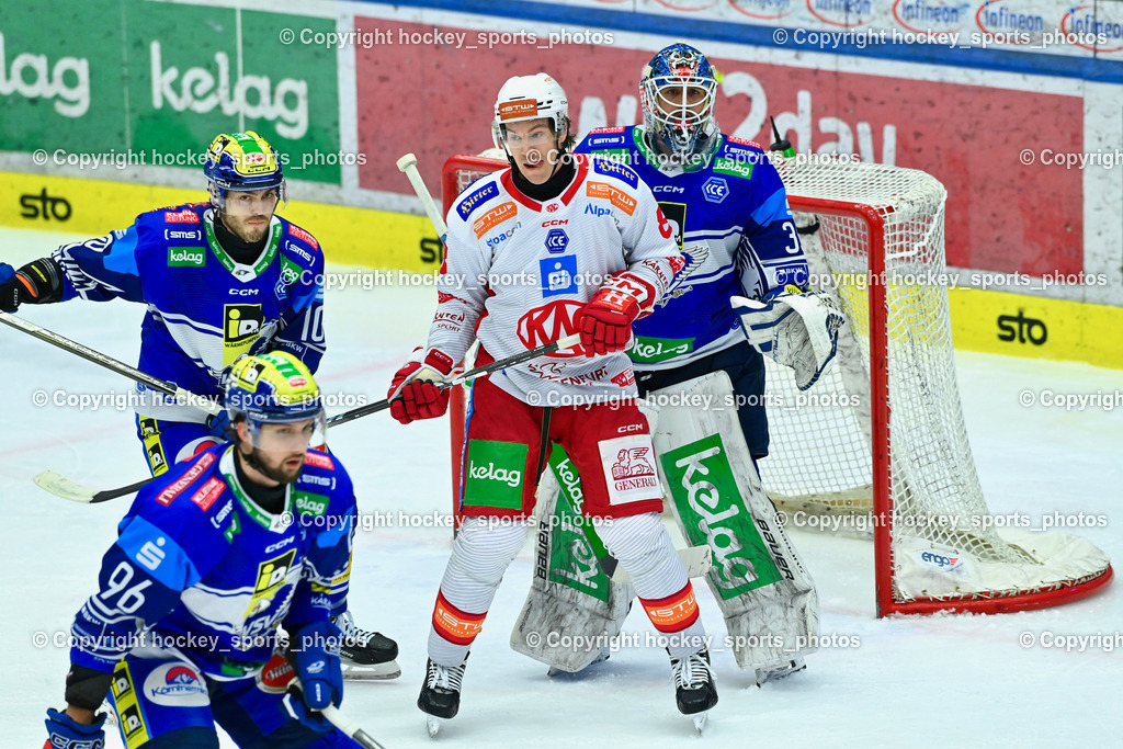 EC IDM WÄRMEPUMPEN VSV vs. EC KAC | #96 HOLWAY Patrick EC VSV, #10 VALLANT Thomas EC VSV, #8 Petersen Nicholas Eric EC KAC, #35 Cannata Joe EC VSV,EC IDM WÄRMEPUMPEN VSV vs. EC KAC, EC IDM WÄRMEPUMPEN VSV vs. EC KAC am 02.02.2025 in Villach (Stadthalle Villach), Austria, (Photo by Bernd Stefan)