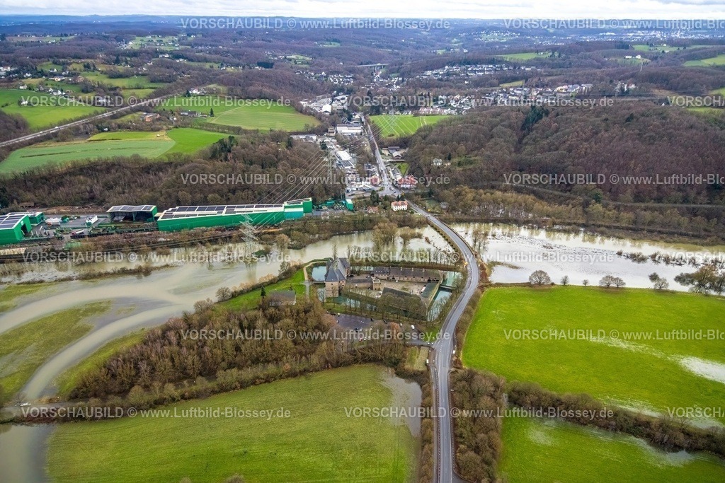 Hattingen231202109Ruhr-topaz | Luftbild, Ruhrhochwasser, Weihnachtshochwasser 2023, Fluss Ruhr tritt nach starken Regenfällen über die Ufer, Überschwemmungsgebiet Wasserschloss Haus Kemnade, Stiepel, Bochum, Ruhrgebiet, Nordrhein-Westfalen, Deutschland