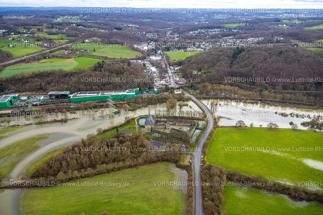Hattingen231202109Ruhr-topaz | Luftbild, Ruhrhochwasser, Weihnachtshochwasser 2023, Fluss Ruhr tritt nach starken Regenfällen über die Ufer, Überschwemmungsgebiet Wasserschloss Haus Kemnade, Stiepel, Bochum, Ruhrgebiet, Nordrhein-Westfalen, Deutschland