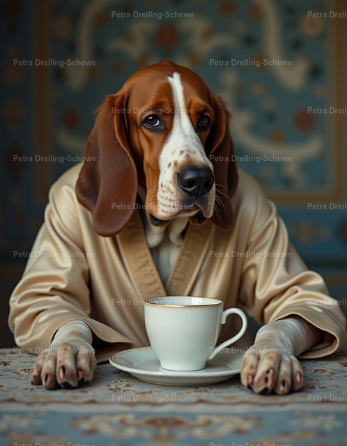Coffee Needed! Funny Dog Picture For Basset Lovers. | Photorealistic KI-generated picture of a very tired basset with a huge cup of coffee. A perfect gift for basset-owners. - Realisiert mit Pictrs.com