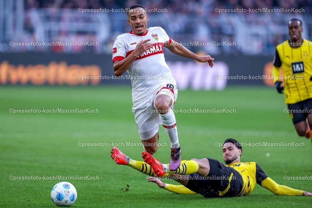 BVB08022501041 | 08.02.2025, Fußball, Borussia Dortmund - VfB Stuttgart, 1. Fußball Bundesliga, 21. Spieltag, Signal Iduna Park, Saison 2024 2025: Jamie Leweling (VfB Stuttgart #18) im Zweikampf gegen Ramy Bensebaini (BVB #5)DFB regulations prohibit any use of photographs as image sequences and or quasi-video.