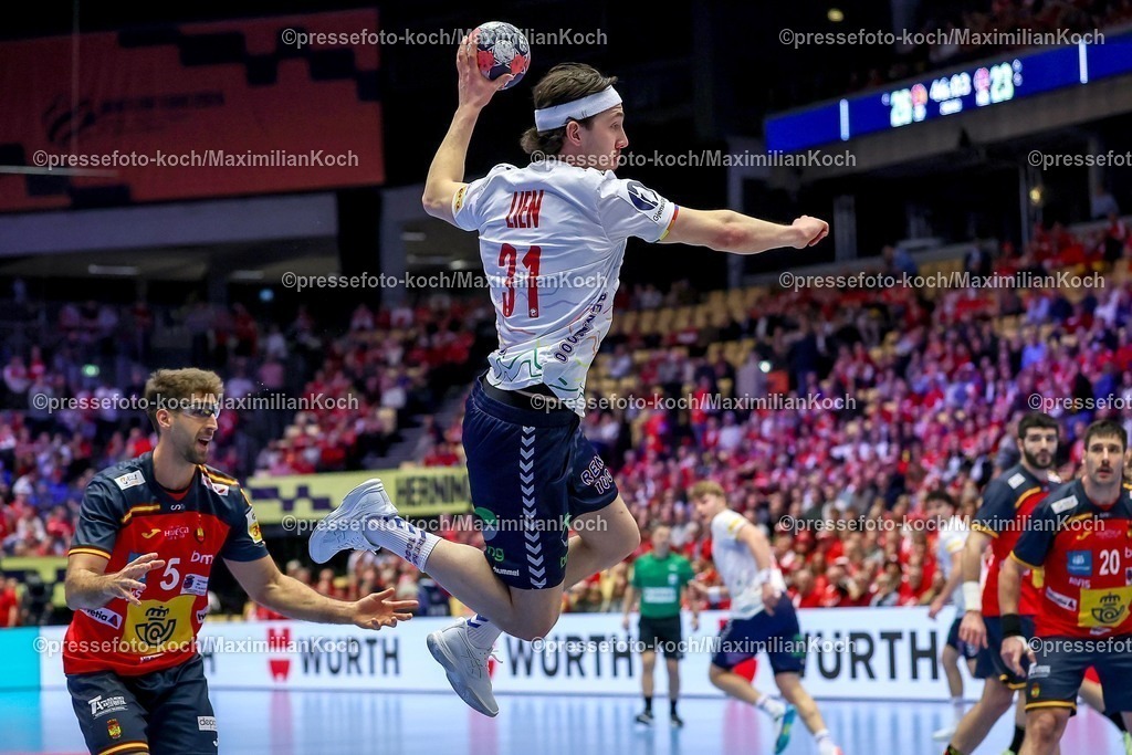EHF22012602101 | 22.01.2026, Handball, Men's EHF EURO 2026, Spanien - Norwegen, Jyske Bank Boxen in Herning, Dänemark, Main Round:  Kasper Thorsen Lien (Norway #31) 