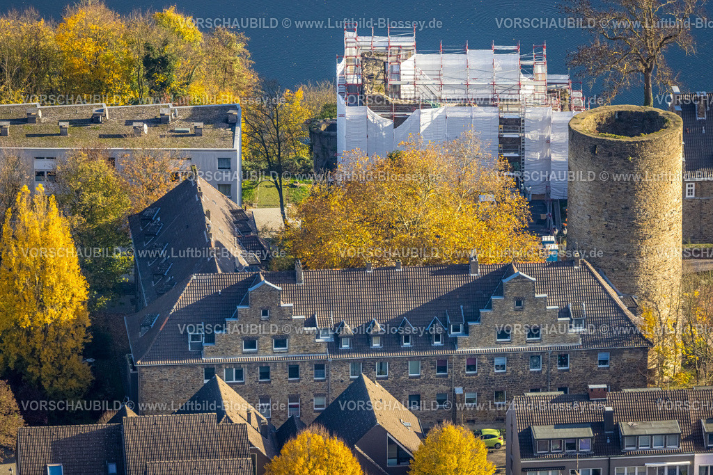Wetter251104267 | Luftbild, Burg Wetter, historische Sehenswürdigkeit, Baustelle und Verhüllung, herbstliche Bäume, Wetter, Ruhrgebiet, Nordrhein-Westfalen, Deutschland