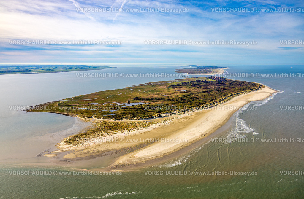 Aurich251105543Baltrum | Luftbild, Gesamtansicht der Ostfriesischen Insel Baltrum, Sandstrand, Feuchtwiesen und Baltrumer Dünen, Fernsicht und blauer Himmel mit Horizont, hinten die Insel Norderney, Baltrum, Norddeutschland, Ostfriesland, Niedersachsen, Deutschland