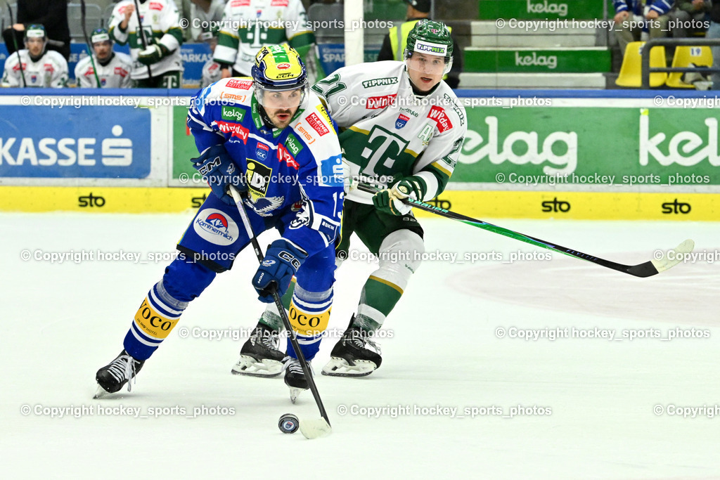 EC IDM WÄRMEPUMPEN VSV vs. FTC-TELEKOM JÉGKORONG | #13 Adam Helewka EC VSV, #21 Tyler Coulter FTC-Telekom, EC IDM WÄRMEPUMPEN VSV vs. FTC-TELEKOM JÉGKORONG, EC IDM WÄRMEPUMPEN VSV vs. FTC-TELEKOM JÉGKORONG am 19.10.2025 in Villach (Stadthalle Villach), Austria, (Photo by Bernd Stefan)