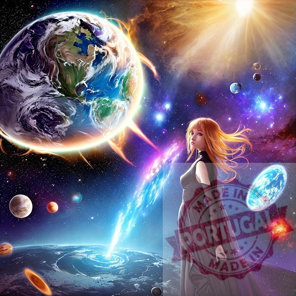 Woman creating Earth and universe with planets | Woman standing in space creating Earth and other planets with cosmic energy beam - Realized with Pictrs.com