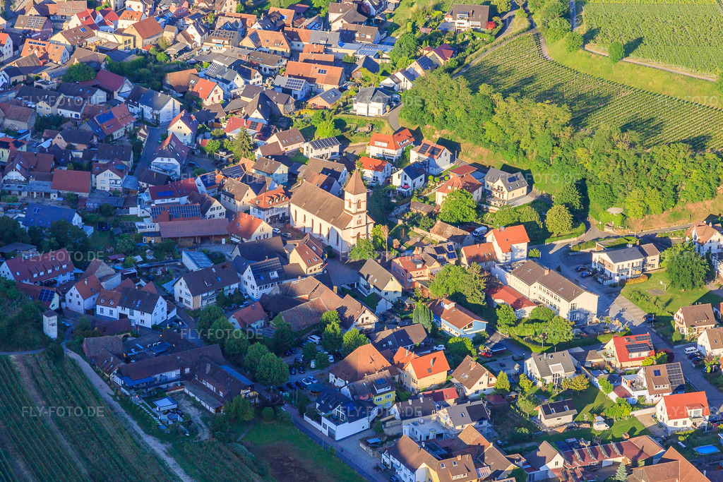 Luftbild: Winzerdorf im Kaiserstuhl mit Kirche St. Georg aus Westen im Ortsteil Achkarren in Vogtsburg im Bundesland Baden-Württemberg in Deutschland. Foto: IMG_147870.jpg vom 30.05.2025 durch Werner Riehm/FLY-FOTO.de