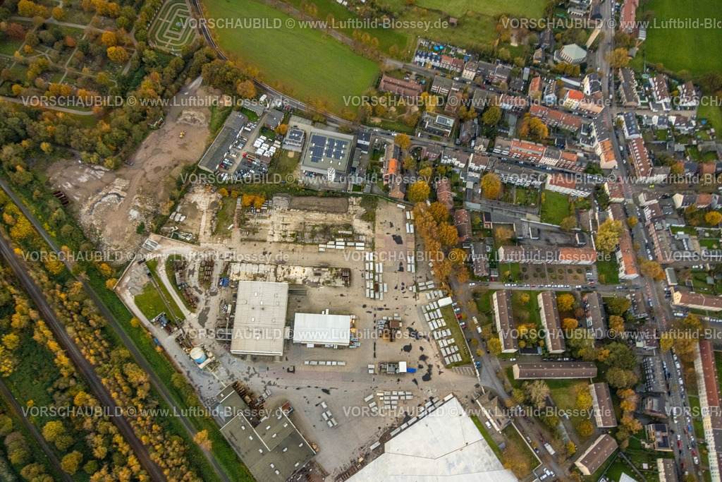 Gelsenkirchen231103206 | Luftbild, Wohngebiet Schäferstraße und Gewerbegebiet mit bwb Betonwerk Gelsenkirchen GmbH & Co. KG, umgeben von herbstlichen Laubbäumen, Beckhausen, Gelsenkirchen, Ruhrgebiet, Nordrhein-Westfalen, Deutschland