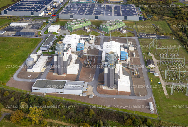 Hamm241015173 | Luftbild, Trianel Gaskraftwerk Hamm GmbH, Gewerbegebiet Trianelstraße, Picnic Logistik und Arvato Logistikdienst mit Solardach, Uentrop, Hamm, Ruhrgebiet, Nordrhein-Westfalen, Deutschland