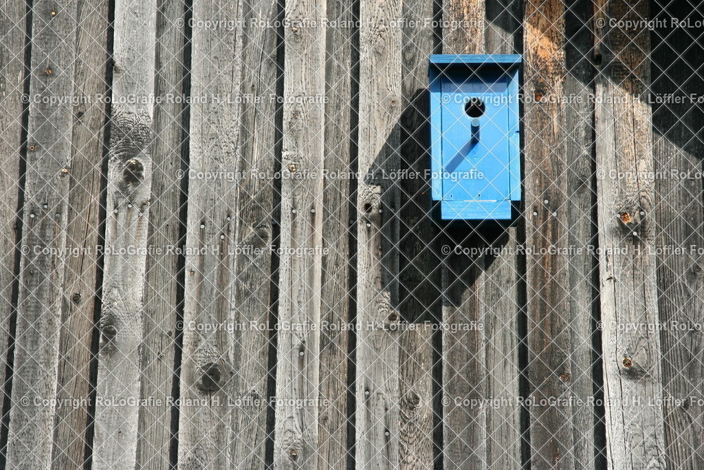 Vogelhaus-blau | Blaues Vogelhaus an alter, grauer Holzwand einer Feldscheune - Realisiert mit Pictrs.com