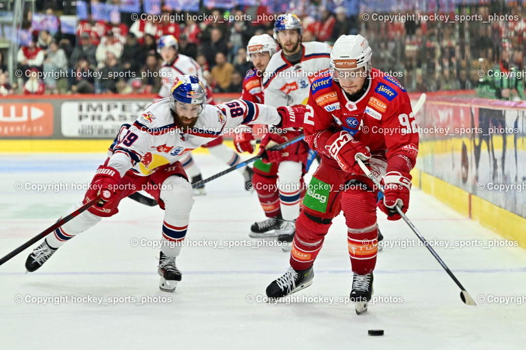 EC KAC vs. EC Red Bull Salzburb | #92 Unterweger Clemens EC KAC, #89 Baltram Florian EC RED BULL SALZBURG,  EC KAC vs. EC Red Bull Salzburb, EC KAC vs. EC Red Bull Salzburb am 04.04.2025 in Klagenfurt (Heidi Horten Arena), Austria, (Photo by Bernd Stefan)