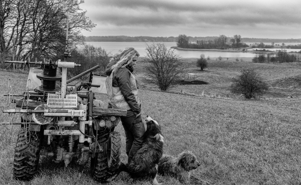 wanderschaefereien-schleswig-holstein-033 | Nachdenklich an einem grauen Wintertag: Uta Wree mit ihren Hunden Taff und Fanta in einer kurzen Arbeitspause. Das Bild entstand bei Klensby am nördlichen Ufer der Schlei. - Realisiert mit Pictrs.com