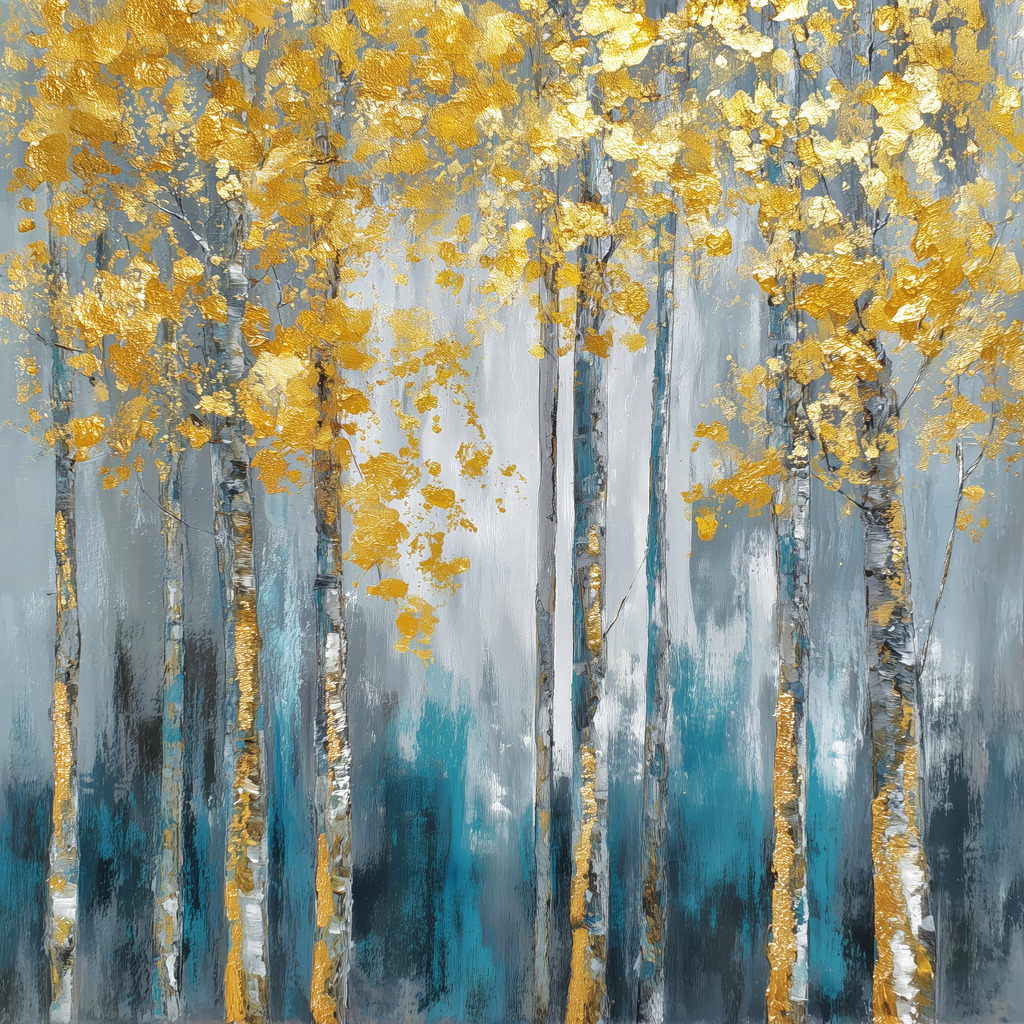 2507020 - Birkenbäume mit goldenen Blättern | Waldmotiv in sanften Grau- und Blautönen, durchzogen von goldenen Akzenten. Die schlanken Birkenstämme wirken ruhig und rhythmisch, während das Blattwerk wie aufgetragenes Blattgold schimmert. Ein harmonisches Naturbild mit edler Wirkung.