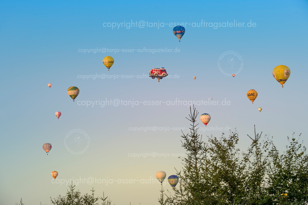 133 Ballons ueber dem Wald 2 | Warsteiner Internationale Montgolfiade ist die Veranstaltung mit Heißluftballons. Verschiedene Ballons fliegen über den Wald. Sonnenuntergang.