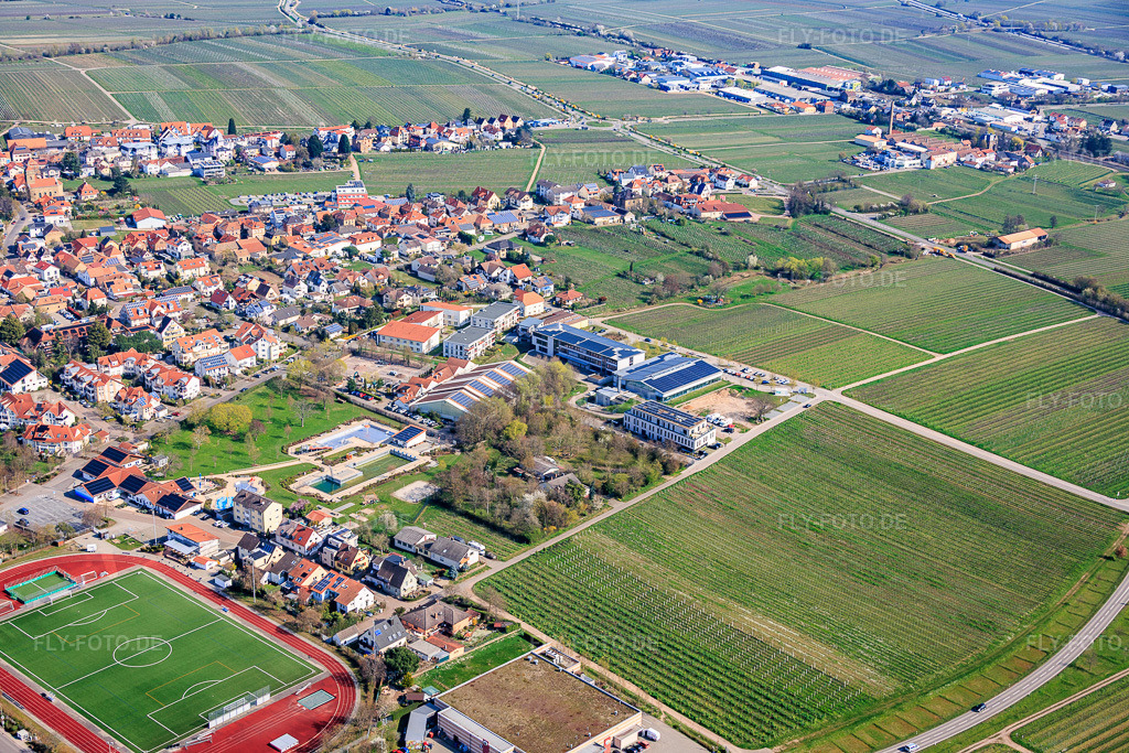 Luftbild: Sportpark Maikammer mit Kalmit-Sporthalle und Gebrüder-Ullrich-Realschule plus in Maikammer im Bundesland Rheinland-Pfalz in Deutschland.Foto: IMG_153705.jpg vom 23.03.2026 durch Werner Riehm/FLY-FOTO.deAuflösung des Originals: 6000 x 4000 pxWWW.SPORTPARK-MAIKAMMER.DEGebrüder-Ullrich-Realschule plus Maikammer-Hambach