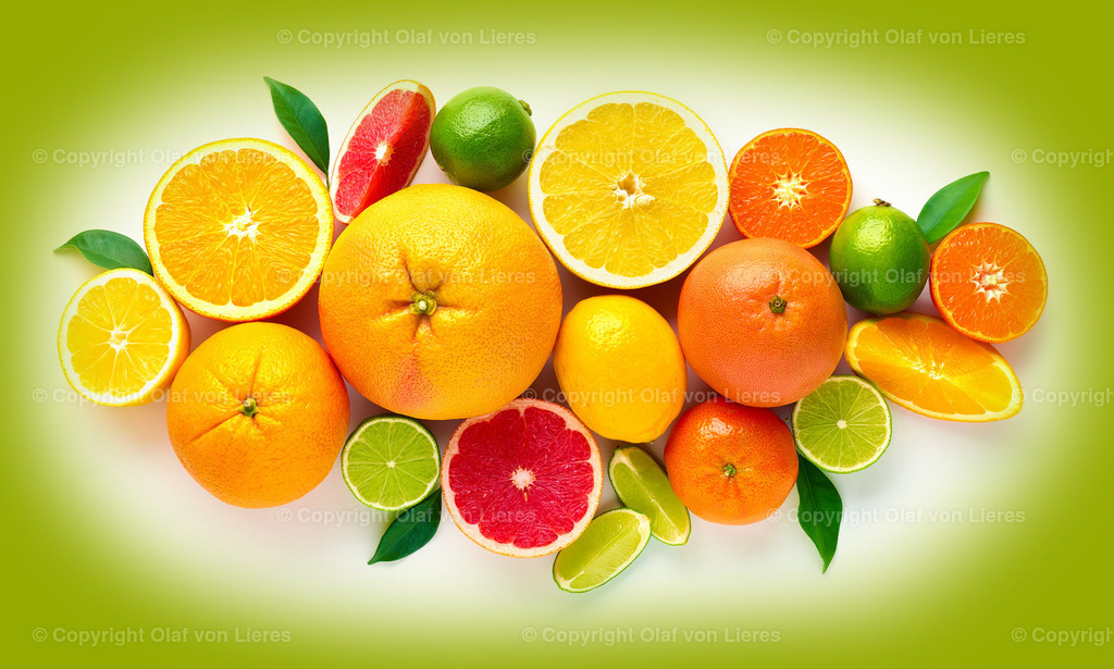 Obst Wandbild | Obstmischung mit grünem Rahmen als Küchenbild