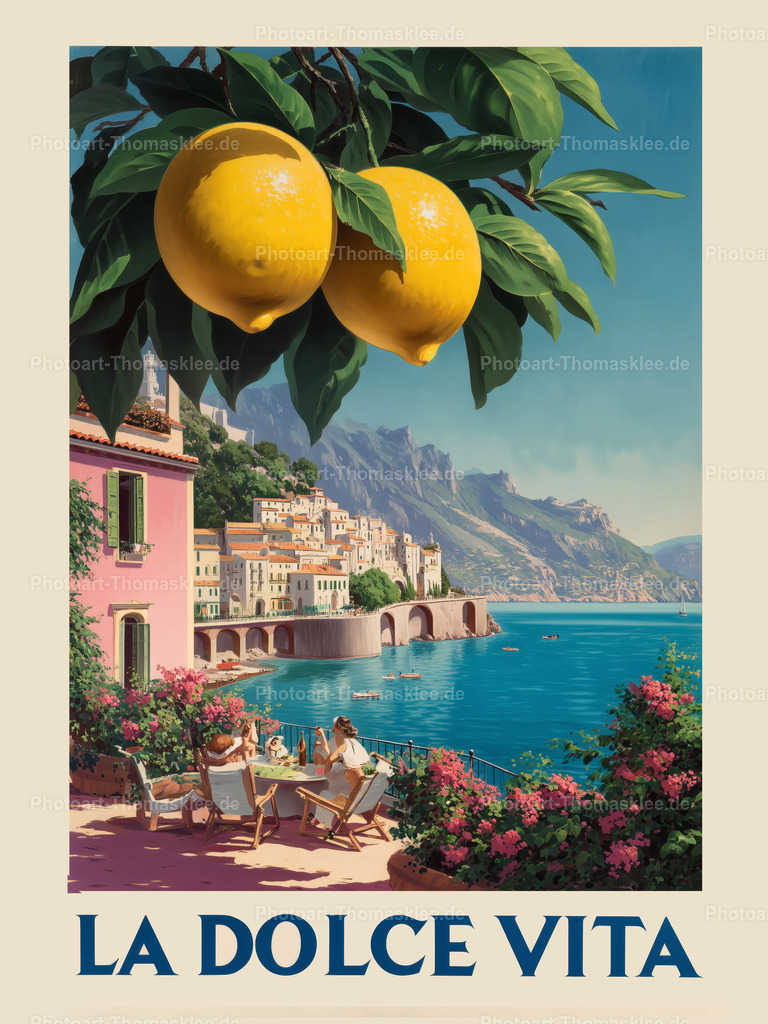 Zitronen der Amalfiküste - La Dolce Vita | Ein Hauch von Dolce Vita weht durch dieses kunstvolle Poster, das die Seele Süditaliens einfängt. Die Bildkomposition folgt einem klassischen Aufbau - die Zitronen im Vordergrund ziehen den Blick an, bevor er über die Küstenlandschaft wandert und schließlich bei dem pittoresken Bergdorf verweilt. Diese Tiefenstaffelung erzeugt eine wunderbare räumliche Wirkung.Die Farbharmonie ist meisterhaft abgestimmt. Die goldgelben Zitronen strahlen förmlich von der Leinwand und wecken Assoziationen an Limoncello und Sonnenschein. Das intensive Blau des Meeres wechselt von Türkis in der Ferne zu einem tieferen Blau im Vordergrund. Die Architektur zeigt sich in warmen Erdtönen - von cremigem Beige bis hin zu warmem Rosé, was der Szene eine authentisch mediterrane Note verleiht. - Realisiert mit Pictrs.com