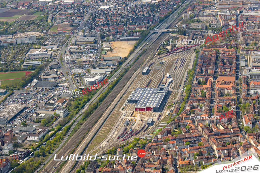 Das Luftbild zeigt Bahnbetriebswerk Nürnberg - Die Luftaufnahme wurde 2023 vom UL-Flugzeug aus erstellt ( keine Drohne ) - Hochauflösende Luftaufnahme - Für grossformatige Ausdrucke geeignet. Die Geschenkidee !Mit Lizenz und Bildrechte bestellbar