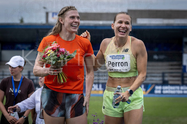 Multisport Event; Ratingen, 28.06.2026 | RATINGEN, GERMANY - JUNE 28, 2026 :  Shaina Burns (USA / United States) and Célia Perron (FRA / France) at the medal ceremony during the Multisport Event at Stadion Ratingen on June 28, 2026 in Ratingen, Germany.