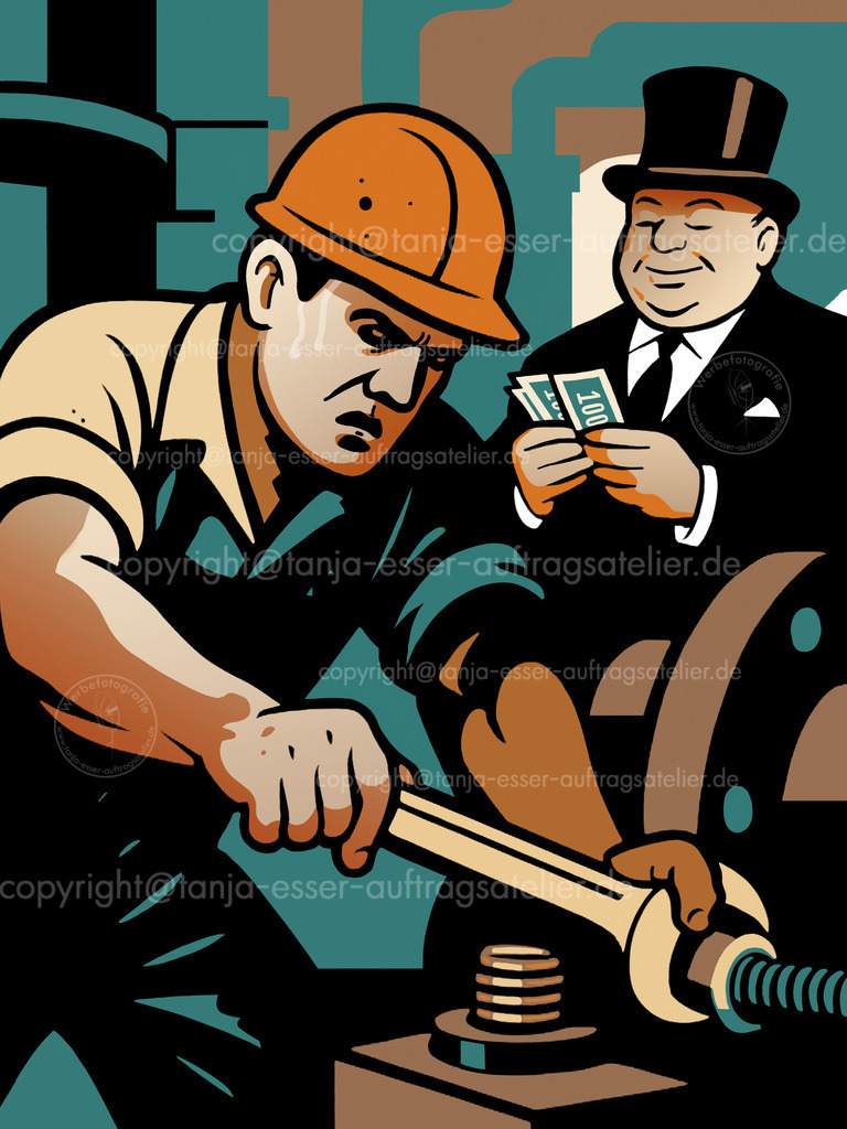 Hart arbeitender Fabrik Arbeiter und fröhlicher Chef | Einfache Illustration zeigt einen hart arbeitenden Fabrik Arbeiter im Vordergrund und einen fröhlichen Chef im Hintergrund, der Geldscheine zählt. Vintage Stil.