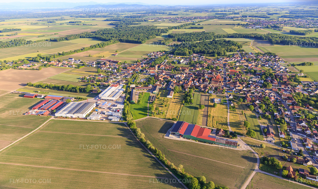 Aerial view: Village view from the north with EARL JAEG ROLAND, Cintrage Wollenburger and De Vinci Concepts Modulaires in Bindernheim in the state Bas-Rhin, France. – Photo: IMG_147351.jpg taken on 05/29/2025 by Werner Riehm/FLY-FOTO.com – Resolution of the original: 5431 x 3229 px – Cintrage WOLLENBURGER – devinci-concepts-modulaires.fr