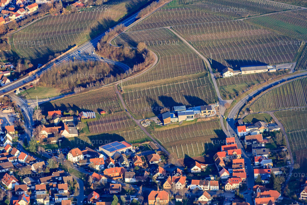 Luftbild: Weingut Gies-Düppel im Winter in Birkweiler im Bundesland Rheinland-Pfalz in Deutschland. Foto: IMG_62164.jpg vom 23.02.2014 durch Werner Riehm/FLY-FOTO.deWeingut Gies-Düppel