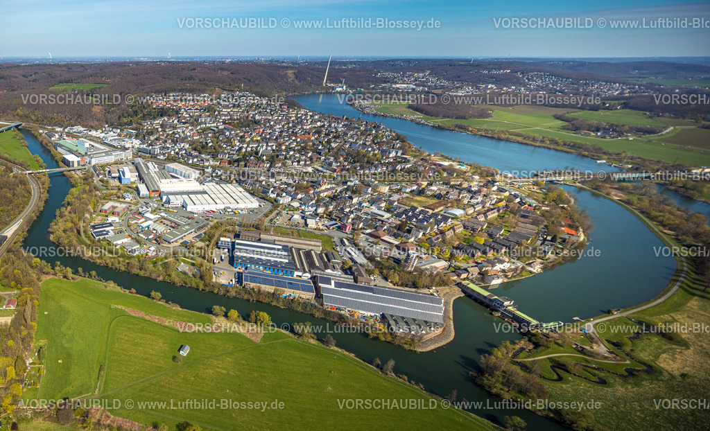 Wetter220401513 | Luftbild, Stadtansicht mit Fluss Ruhr und Harkortsee, Obergrabenbrücke und Ruhrbrücke Friedrichstraße am Harkortsee, Wetter, Wetter, Ruhrgebiet, Nordrhein-Westfalen, Deutschland