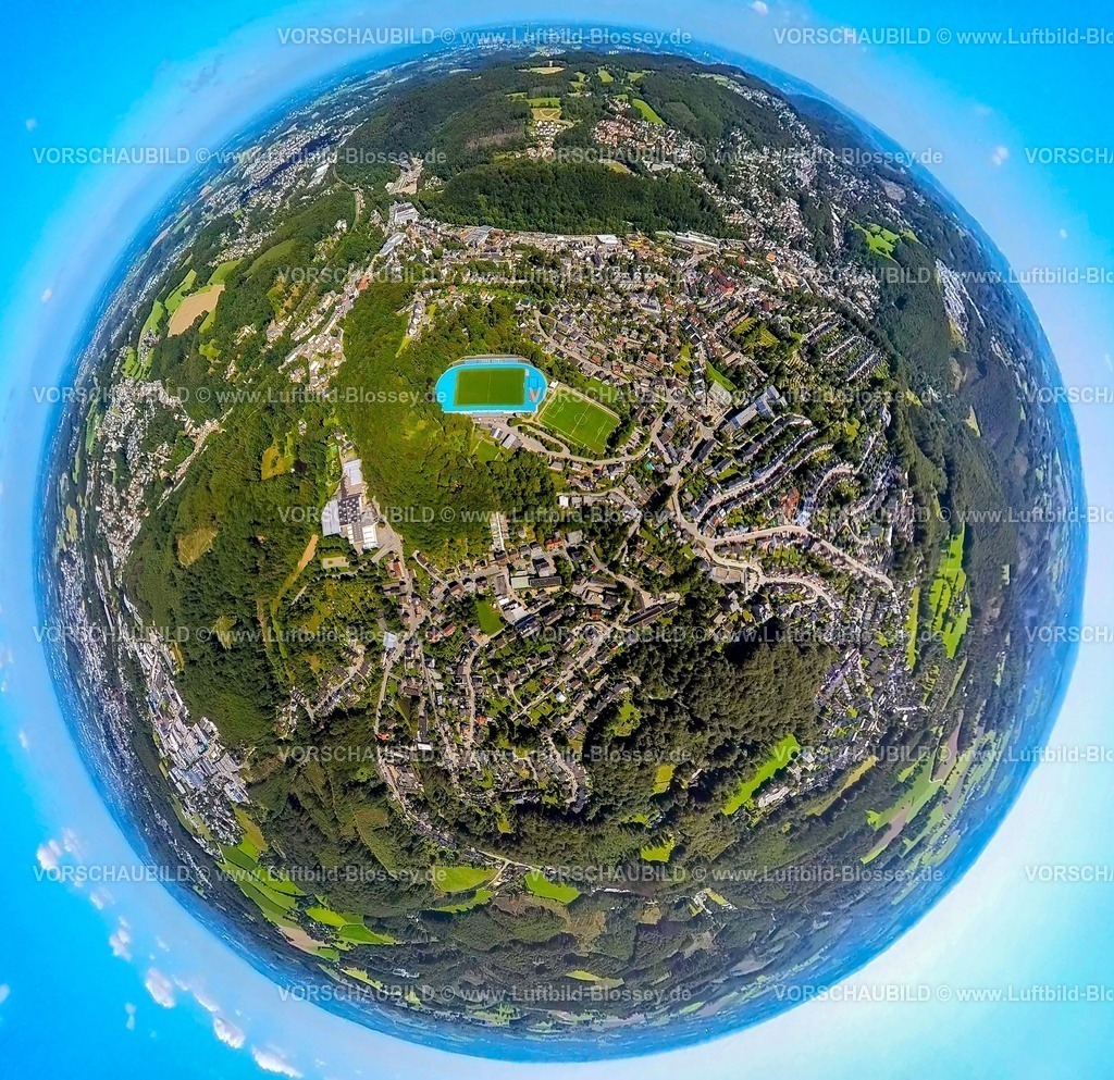 Ennepetal230890018 Mitte Bremenplatz | Luftbild, Bremenstadion Bremenplatz, Ortsansicht Ennepetal-Mitte Berninghausen, Erdkugel, Fisheye Aufnahme, Fischaugen Aufnahme, 360 Grad Aufnahme, Milspe, Ennepetal, Ruhrgebiet, Nordrhein-Westfalen, Deutschland